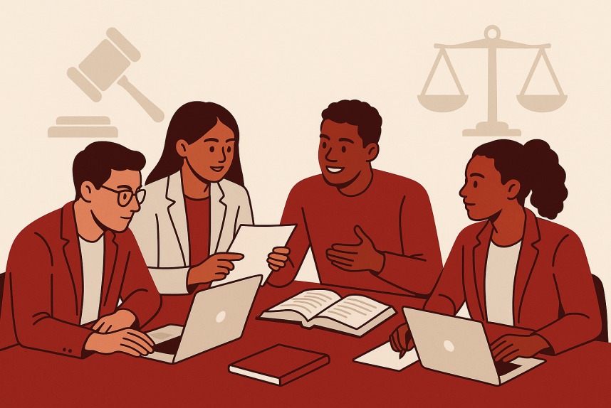 Student leaders collaborating in a modern legal setting